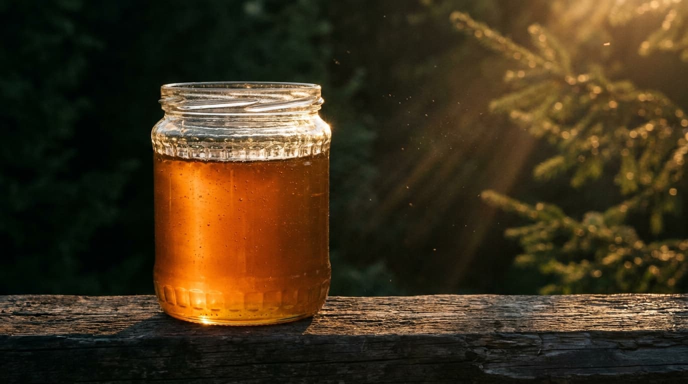 Glas rohen bosnischen Honigs, das im streifenden Licht der goldenen Stunde von innen glueht