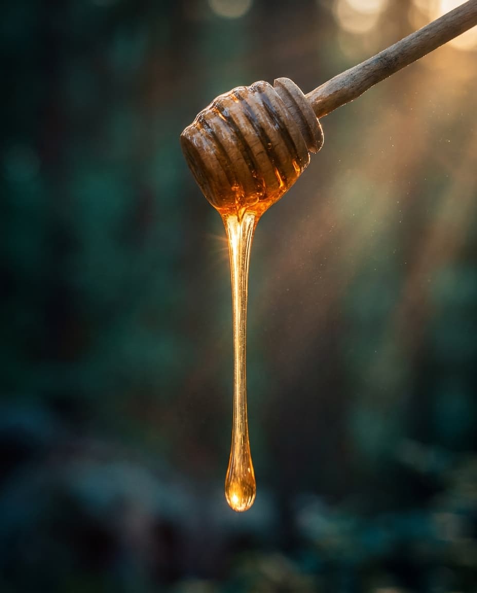 Zaeher roher Honig, der in einem goldenen Faden vom Loeffel faellt